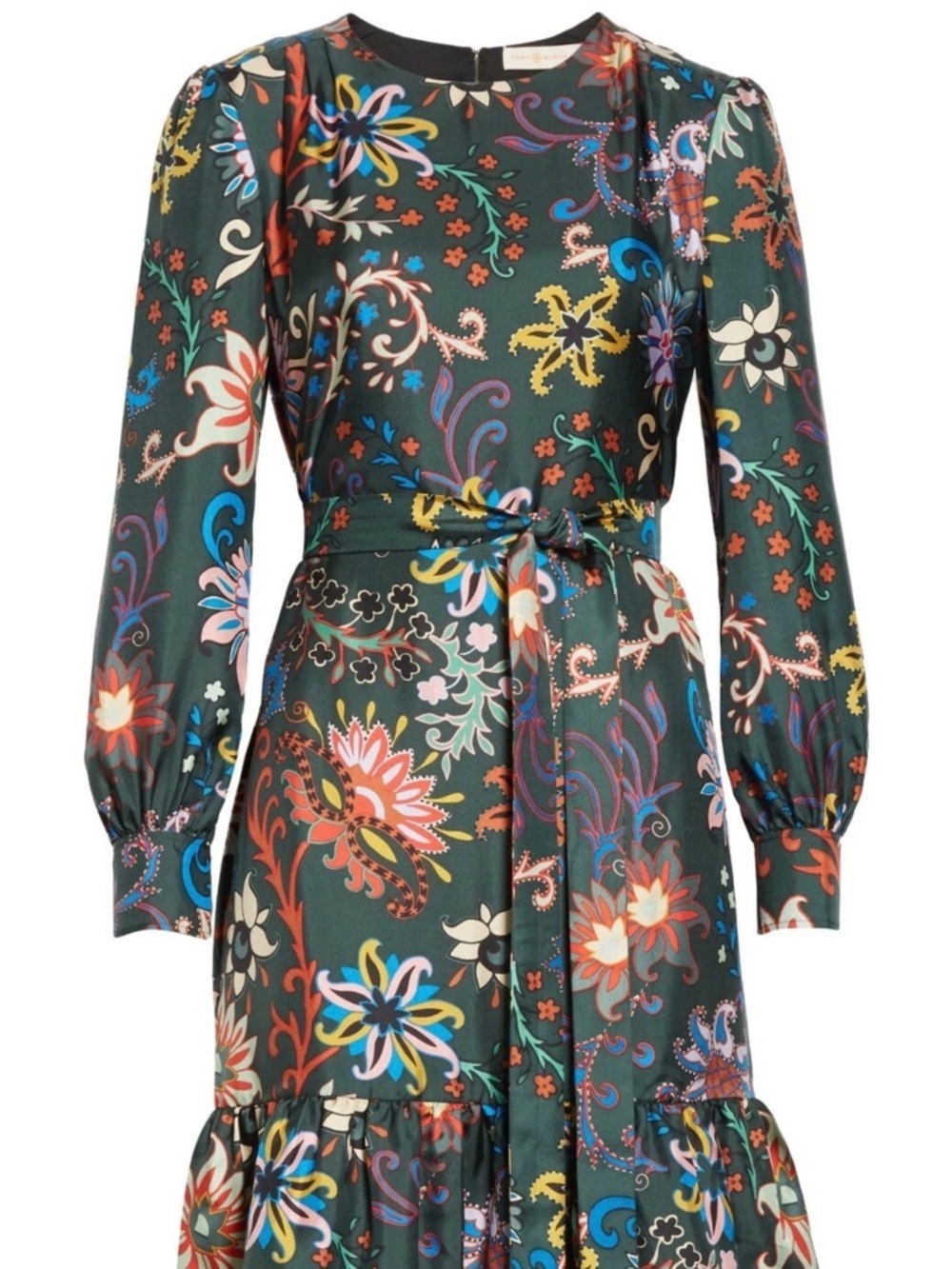 Tory Burch Green Belted Floral Print Silk Layered Ruffle Hem Dress Size 6 - Picture 3 of 7